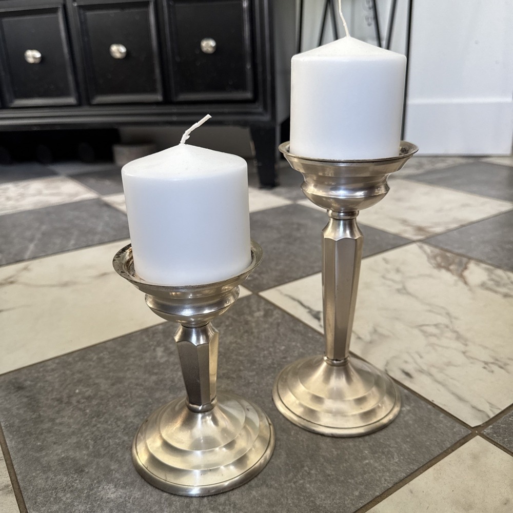 Crate And Barrel Antiqued Silver 6" And 8"Candle Holder Set Pillar Timeless